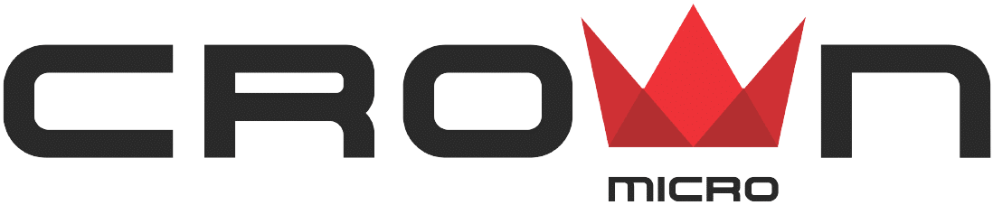 Crown Micro logo featuring bold black lettering and a red stylized crown icon.