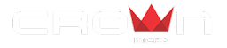 Crown Micro logo featuring white stylized text and a red geometric crown icon on a transparent background.