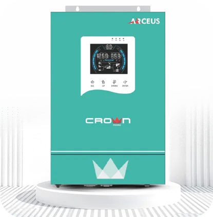 Teal Crown Arceus solar inverter with a white control panel, digital display, and "Pure Sine Wave" technology.