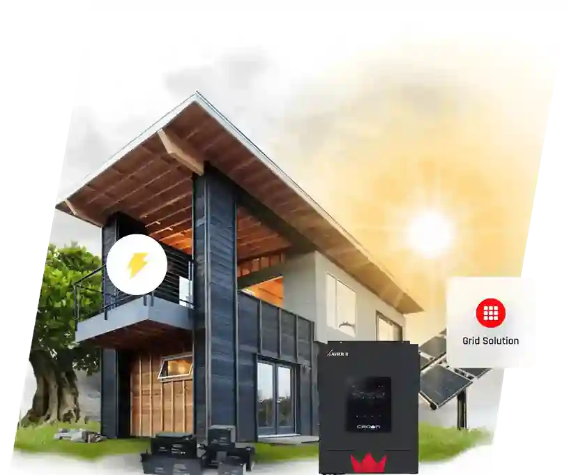 XAVIER-II hybrid inverter with solar panels and batteries powering a modern eco-friendly home under bright sunlight.