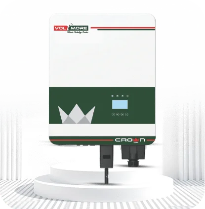 White Crown Voltimore solar inverter with a green banner, digital screen, and "Ultimate Technology Provider" branding.
